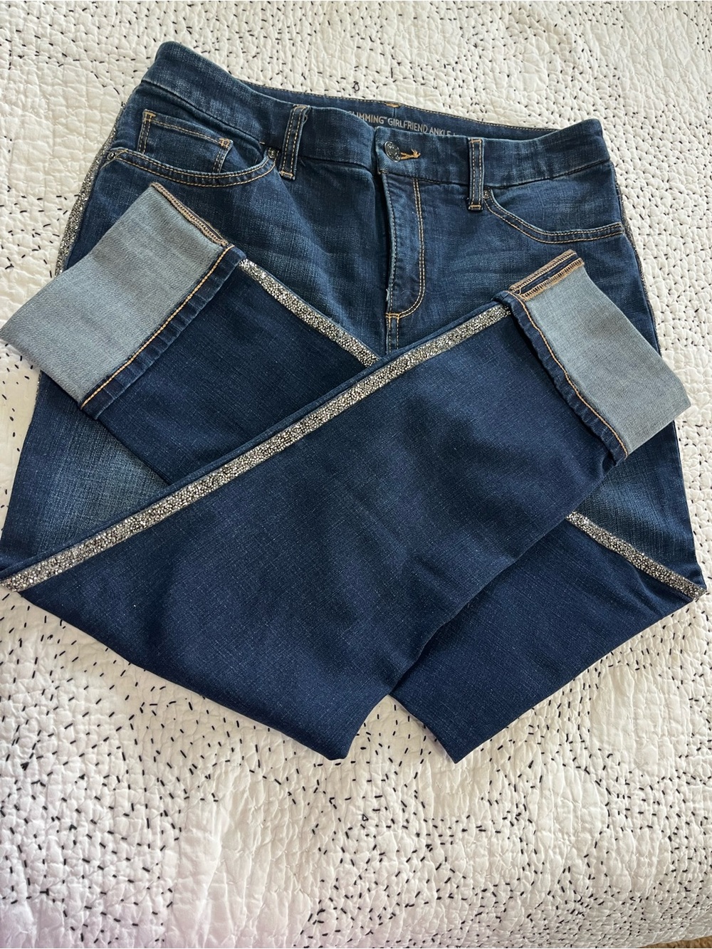 Chicos So Slimming Jeans Girlfriend Ankle 1 8/10 Glitter Side Stripe Dark Wash